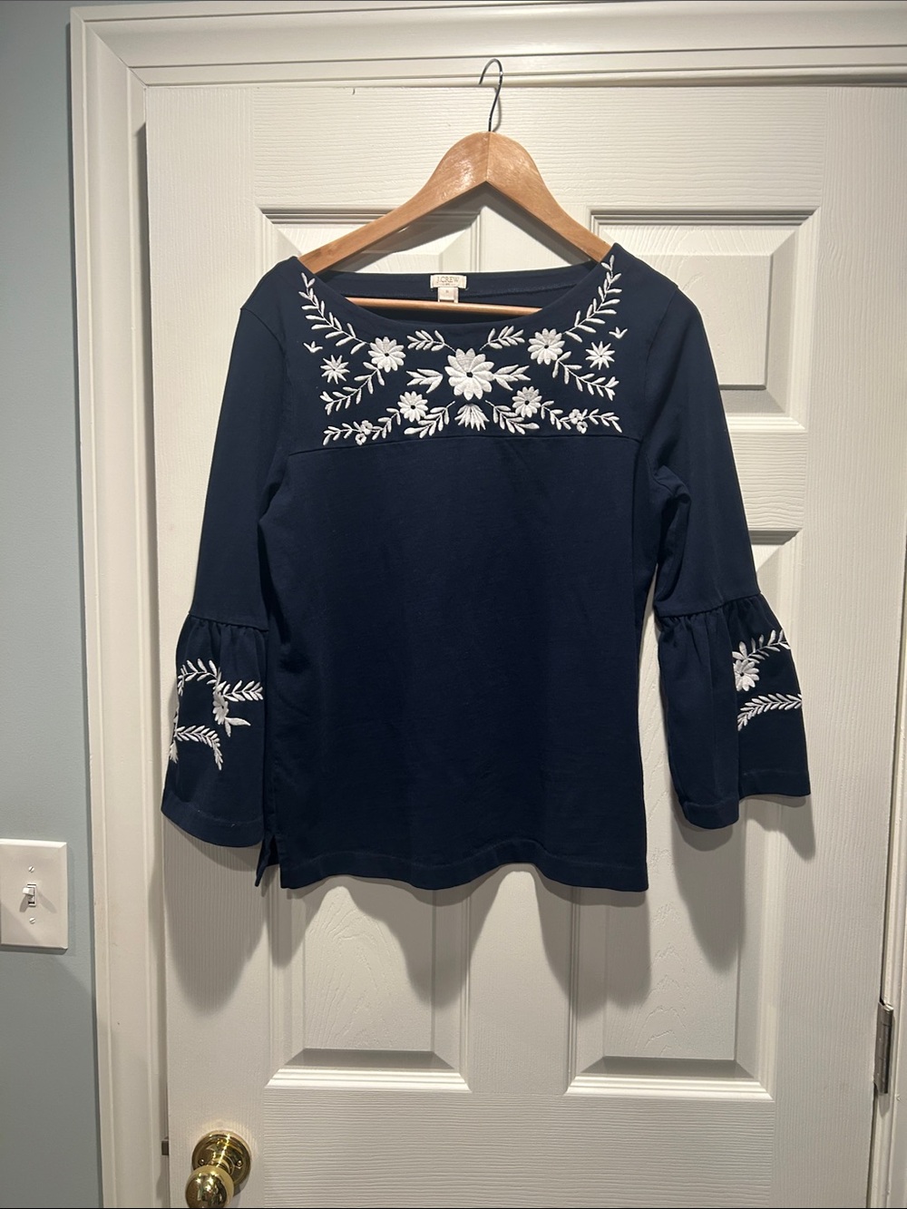 J. Crew Navy Top with White Floral Embroidery and Bell Sleeves